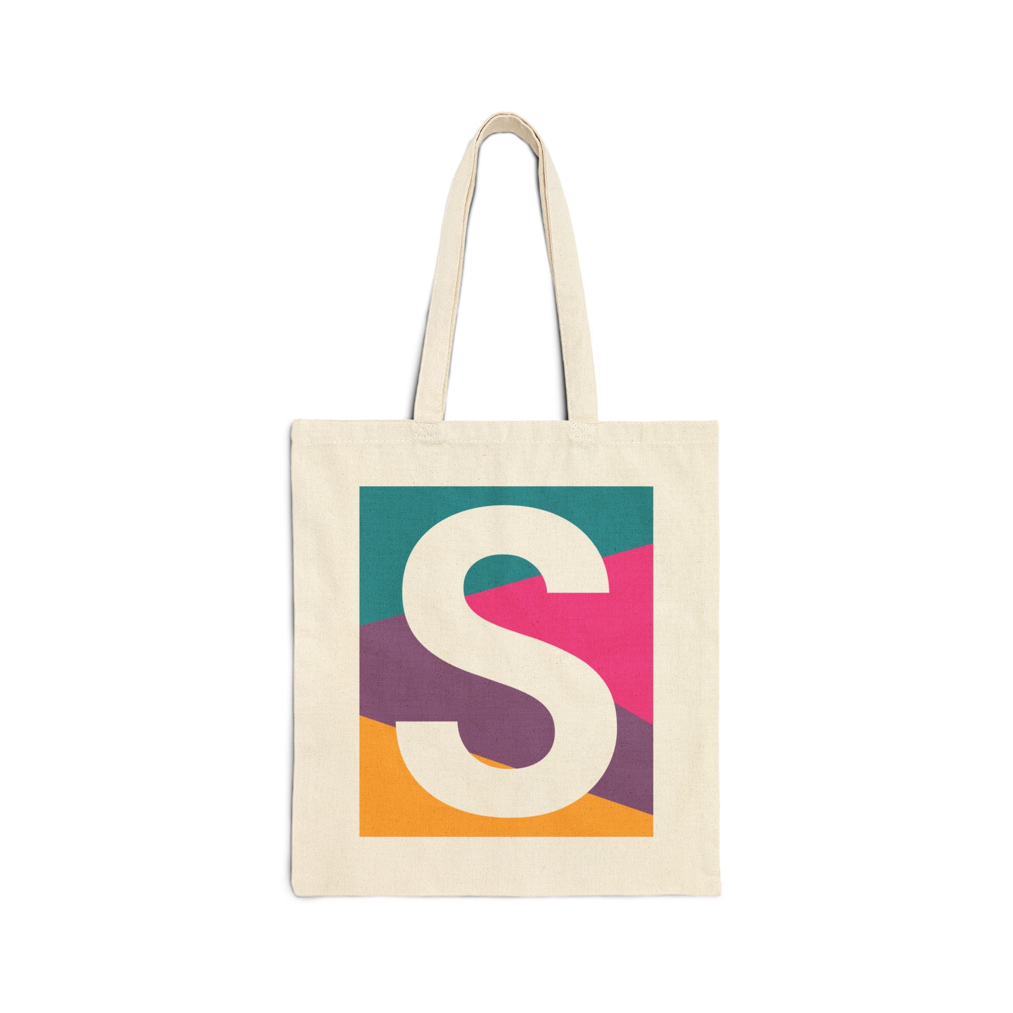 Initial S Colorblock Canvas Tote Bag — Monogram Letter S Reusable Grocery Tote