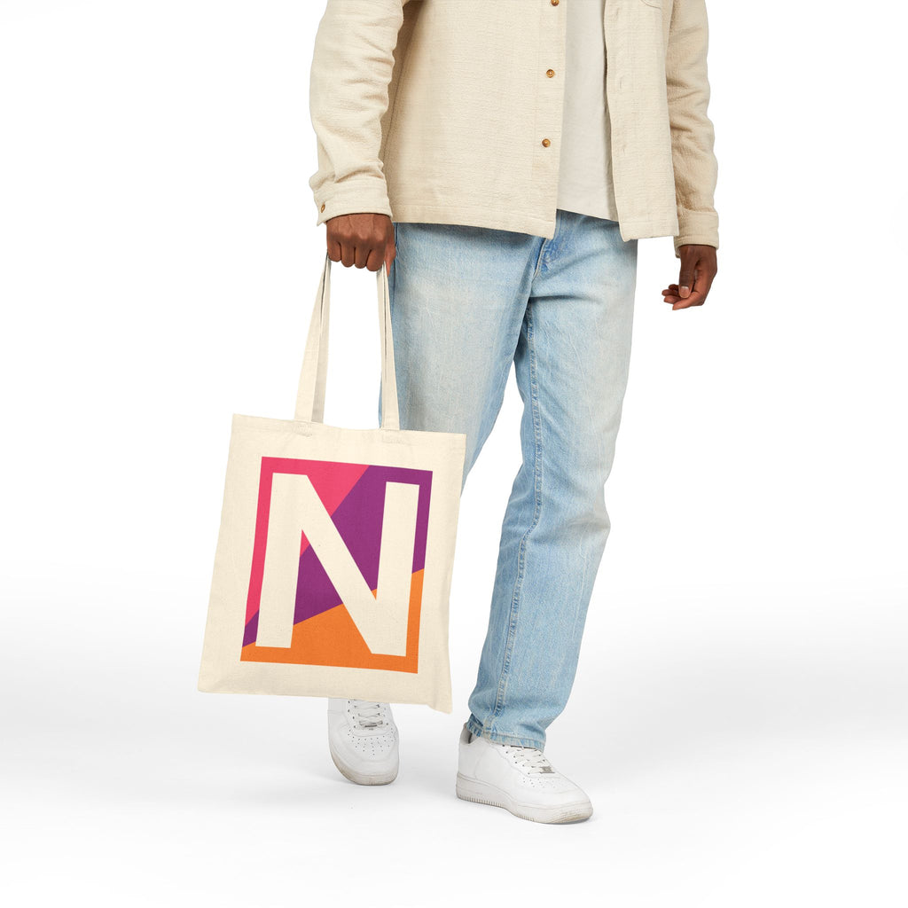 Initial N Colorblock Canvas Tote Bag — Monogram Letter N Reusable Grocery Tote