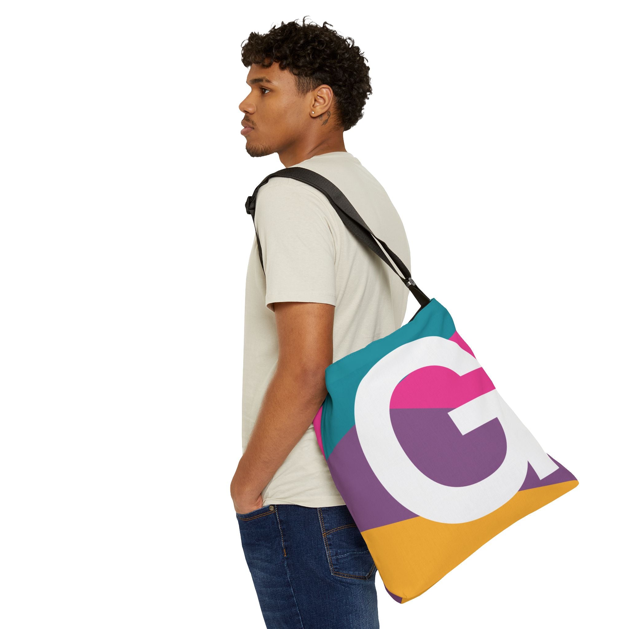 Initial Letter 'G' Colorblock Adjustable Tote Bag — Monogram Alphabet Shoulder Bag