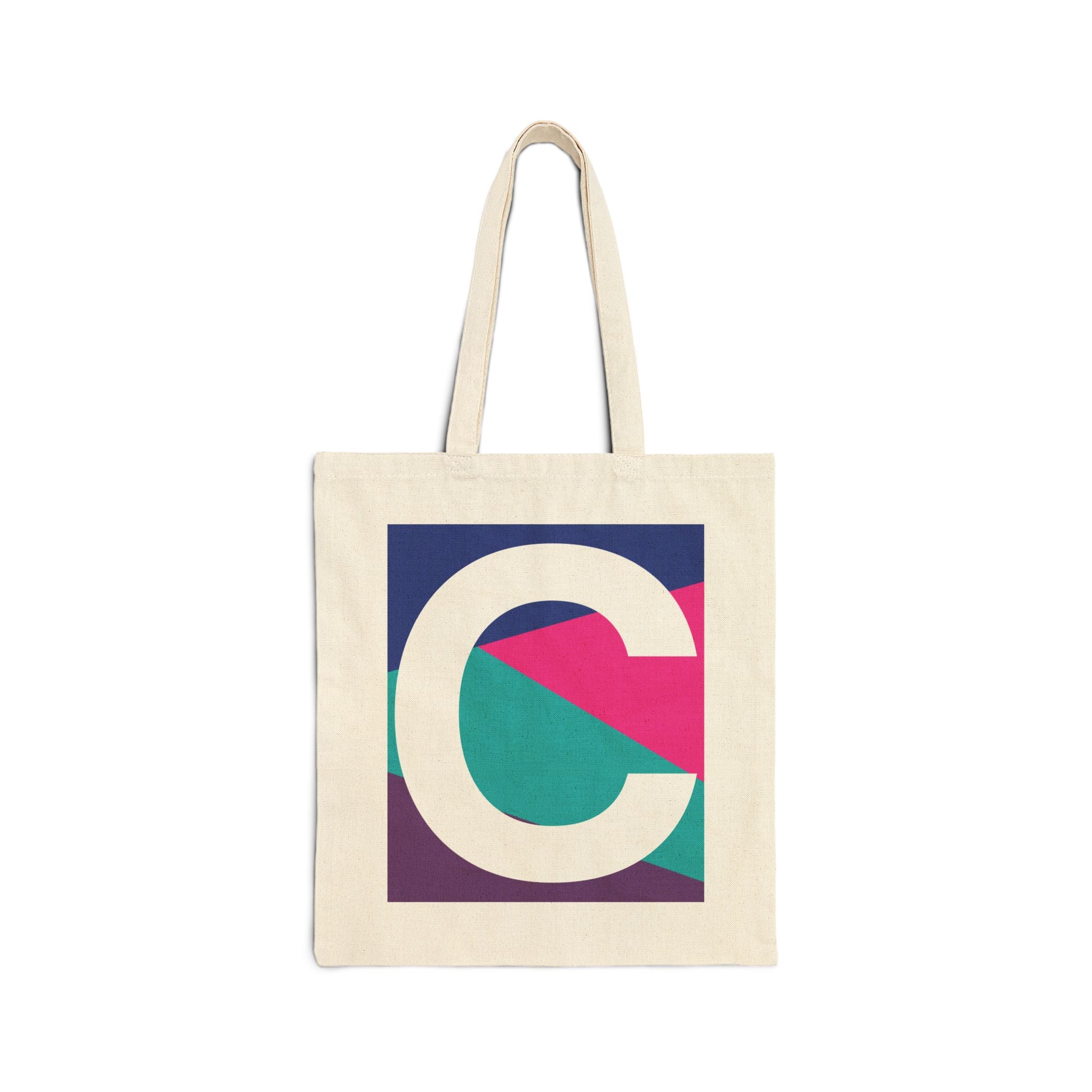 Initial C Colorblock Canvas Tote Bag — Monogram Letter C Reusable Grocery Tote