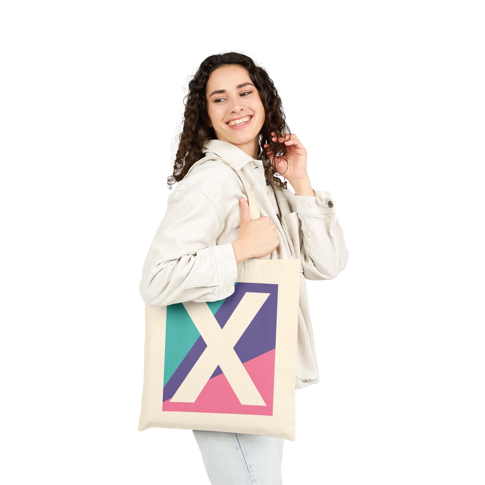 Initial X Colorblock Canvas Tote Bag — Monogram Letter X Reusable Grocery Tote