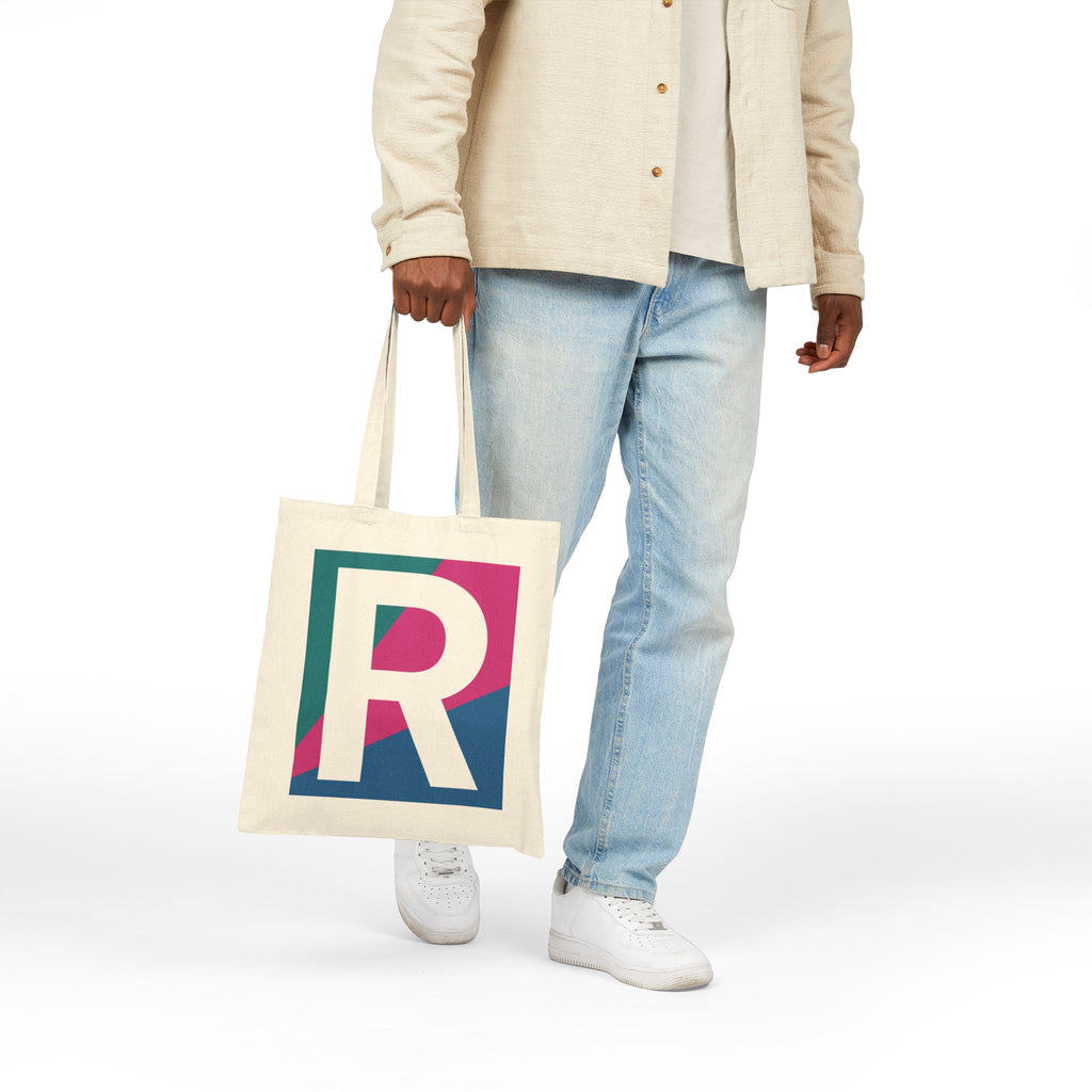 Initial R Colorblock Canvas Tote Bag — Monogram Letter R Reusable Grocery Tote