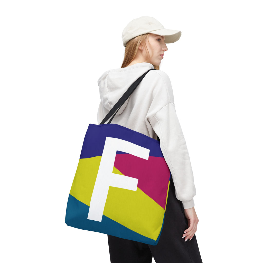 Monogram 'F' Colorblock Tote Bag — Personalized Initial F Shoulder Tote