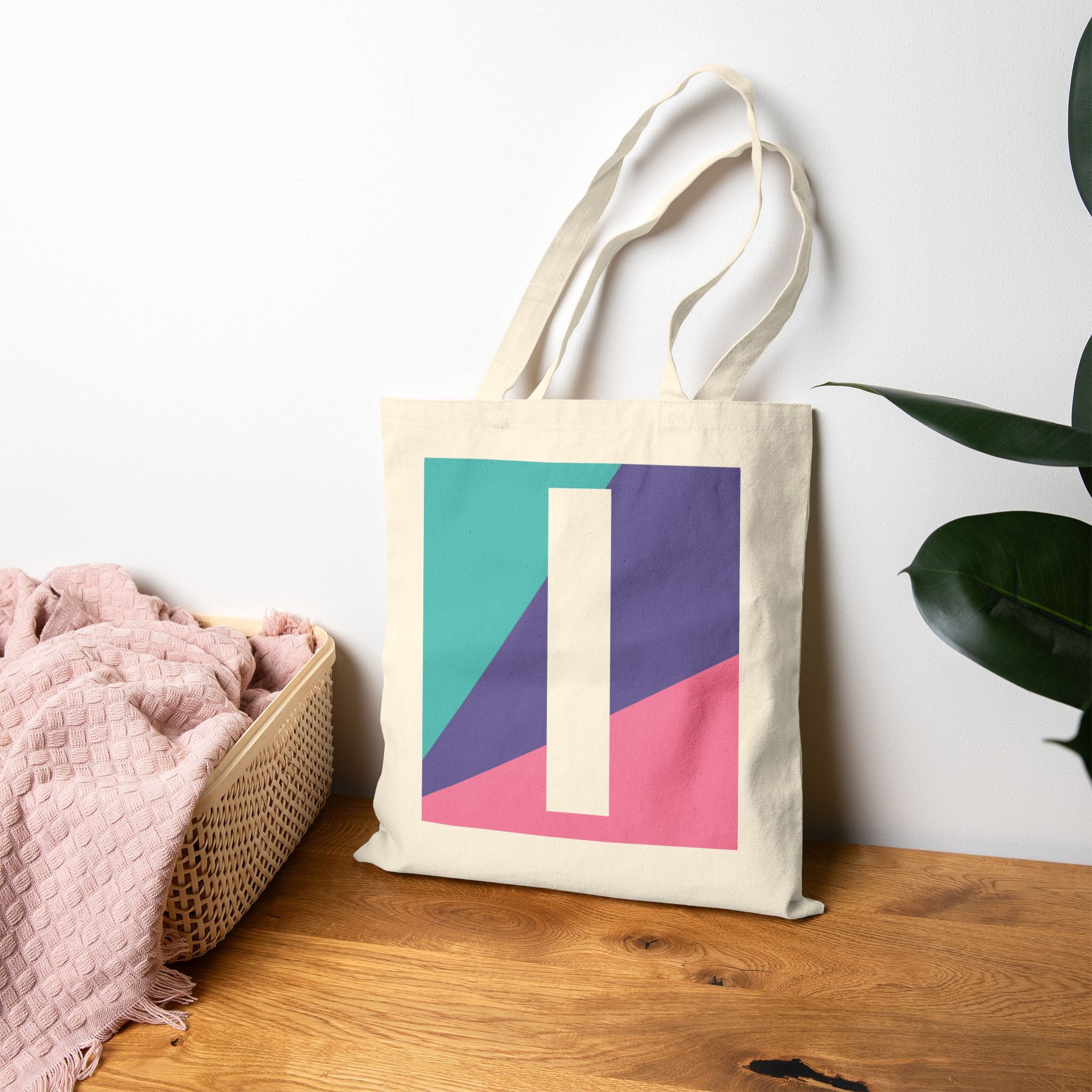 Initial I Colorblock Canvas Tote Bag — Monogram Letter I Reusable Grocery Tote