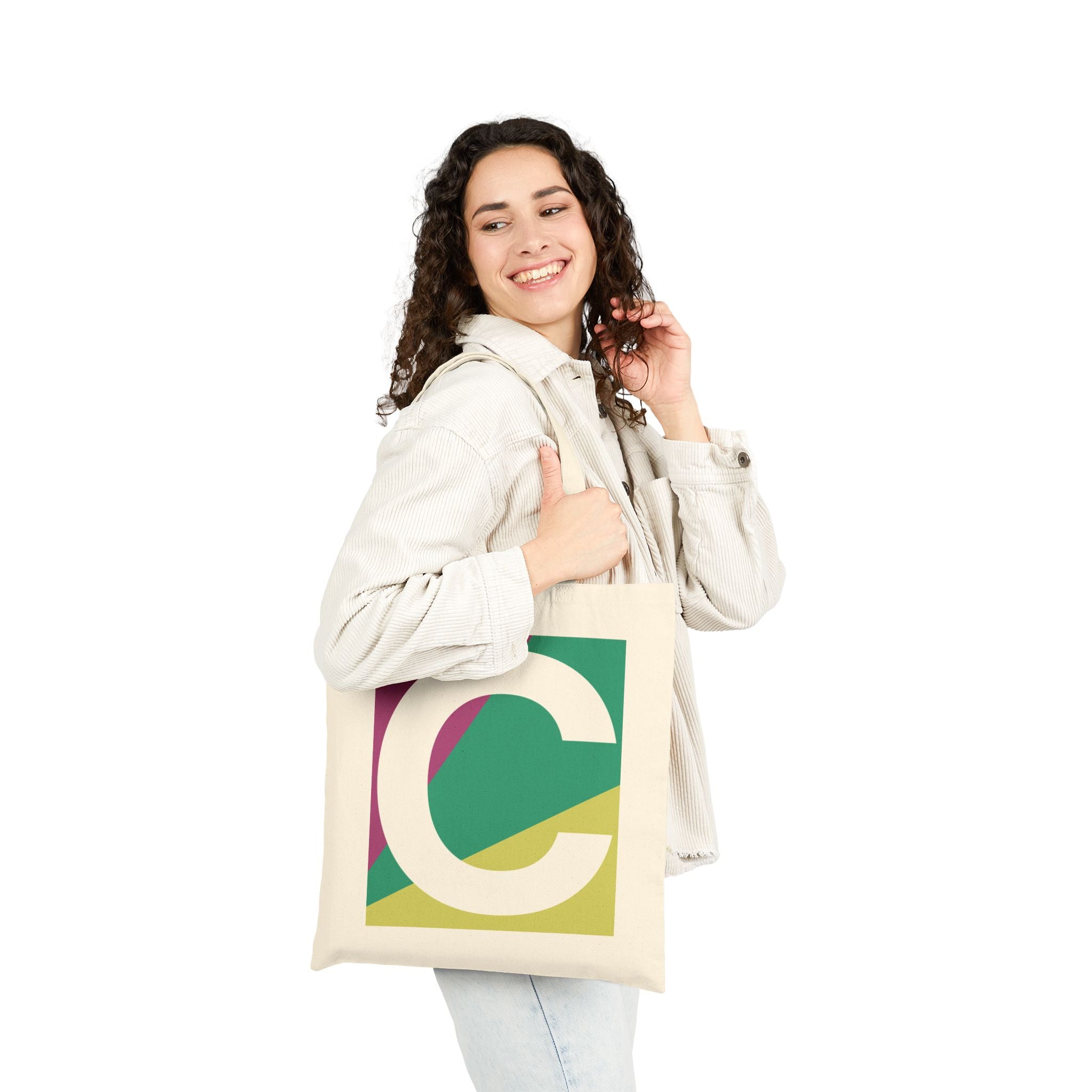 Initial C Colorblock Canvas Tote Bag — Monogram Letter C Reusable Grocery Tote