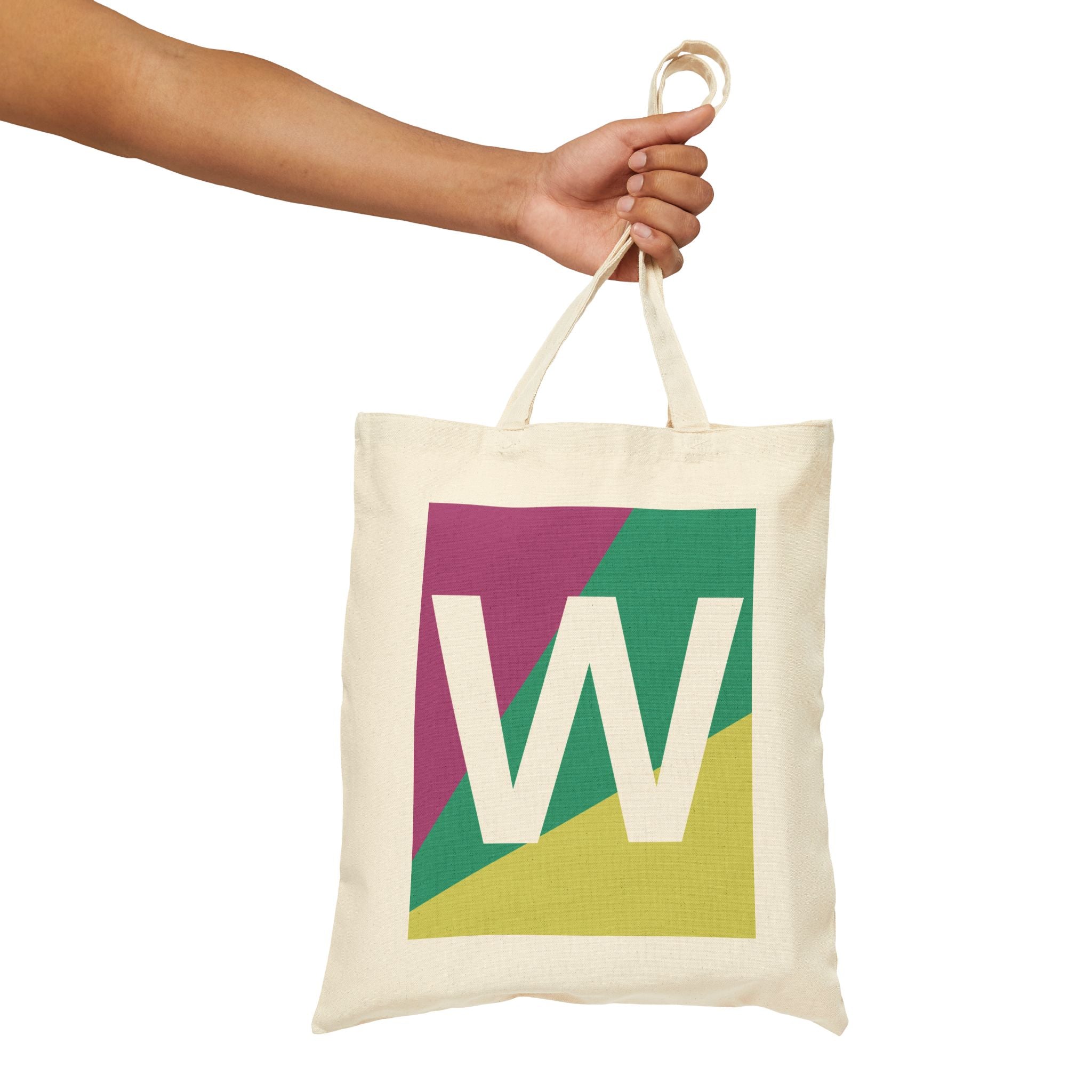 Initial W Colorblock Canvas Tote Bag — Monogram Letter W Reusable Grocery Tote