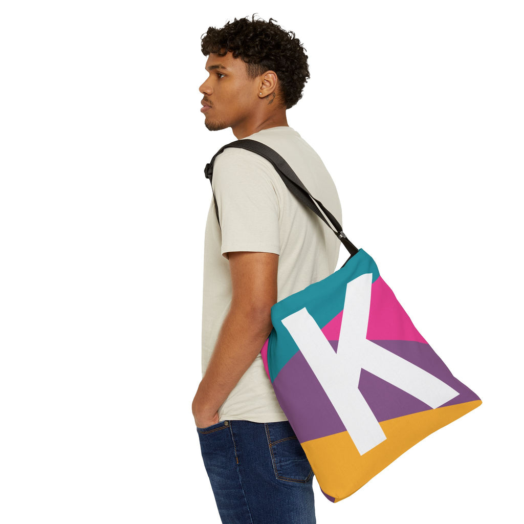 Initial Letter 'K' Colorblock Adjustable Tote Bag — Monogram Alphabet Shoulder Bag