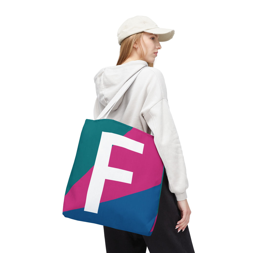 Monogram 'F' Colorblock Tote Bag — Personalized Initial F Shoulder Tote