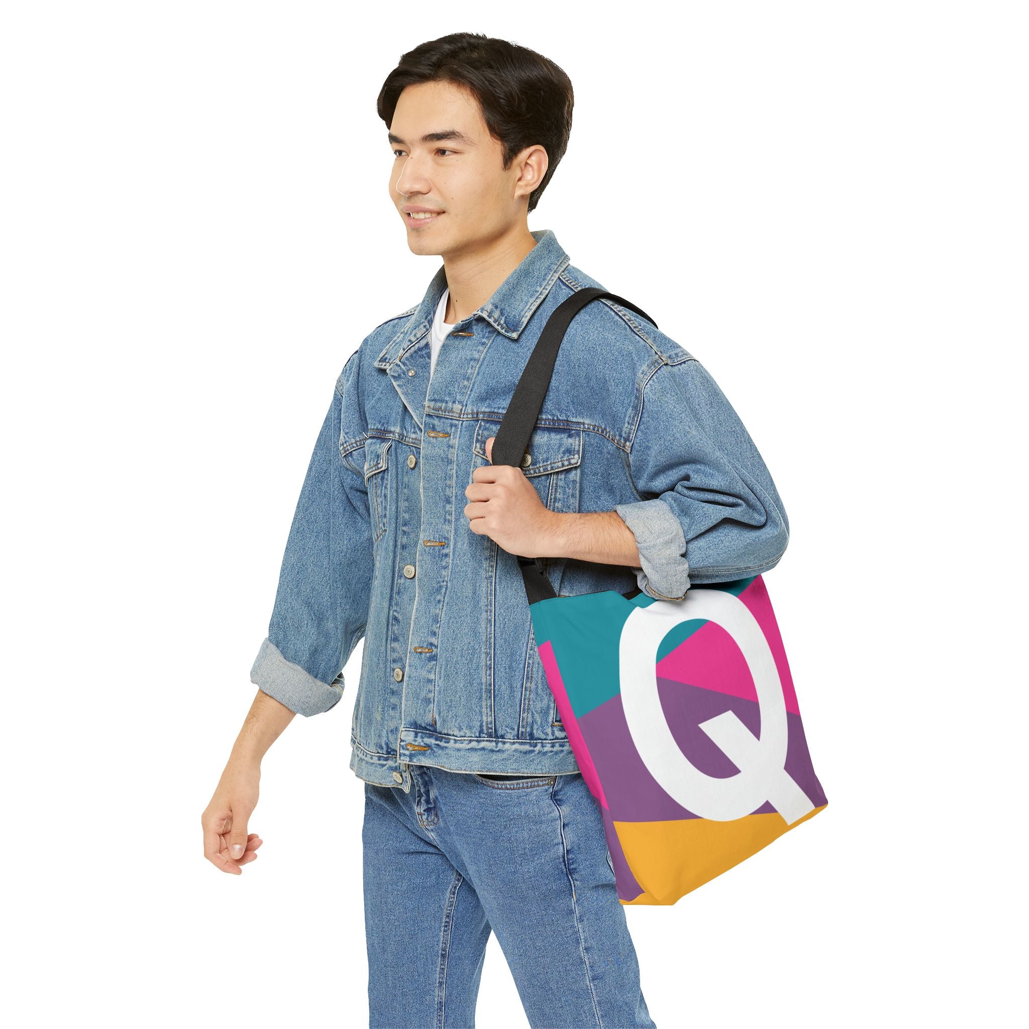 Initial Letter 'Q' Colorblock Adjustable Tote Bag — Monogram Alphabet Shoulder Bag
