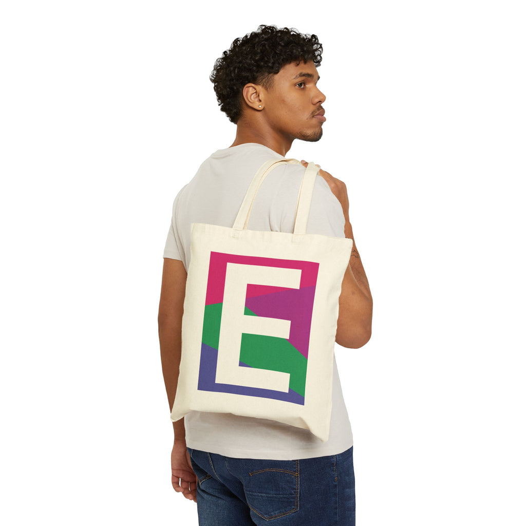 Initial E Colorblock Canvas Tote Bag — Monogram Letter E Reusable Grocery Tote