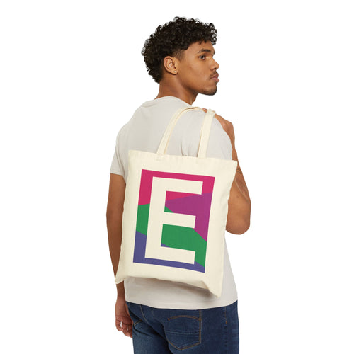 Initial E Colorblock Canvas Tote Bag — Monogram Letter E Reusable Grocery Tote
