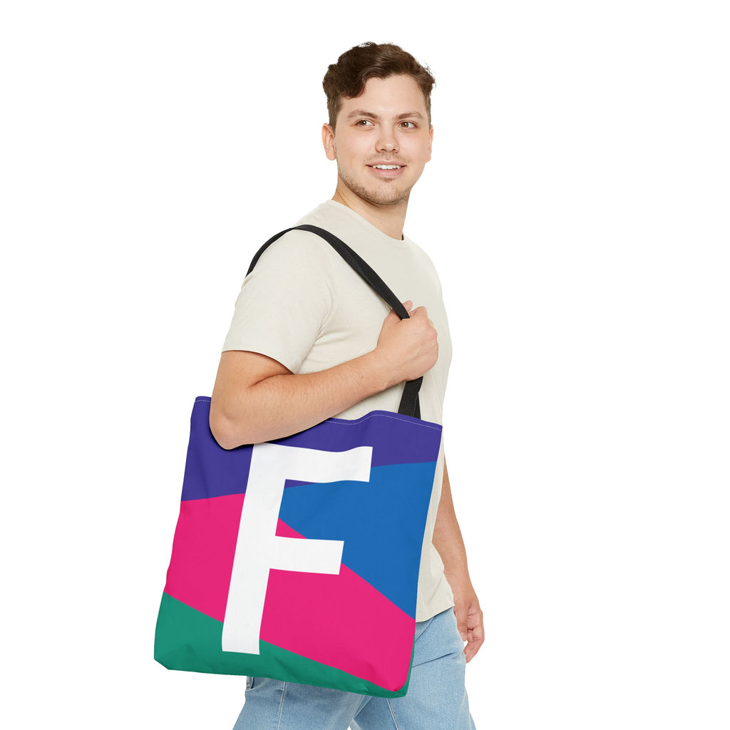 Monogram 'F' Colorblock Tote Bag — Personalized Initial F Shoulder Tote