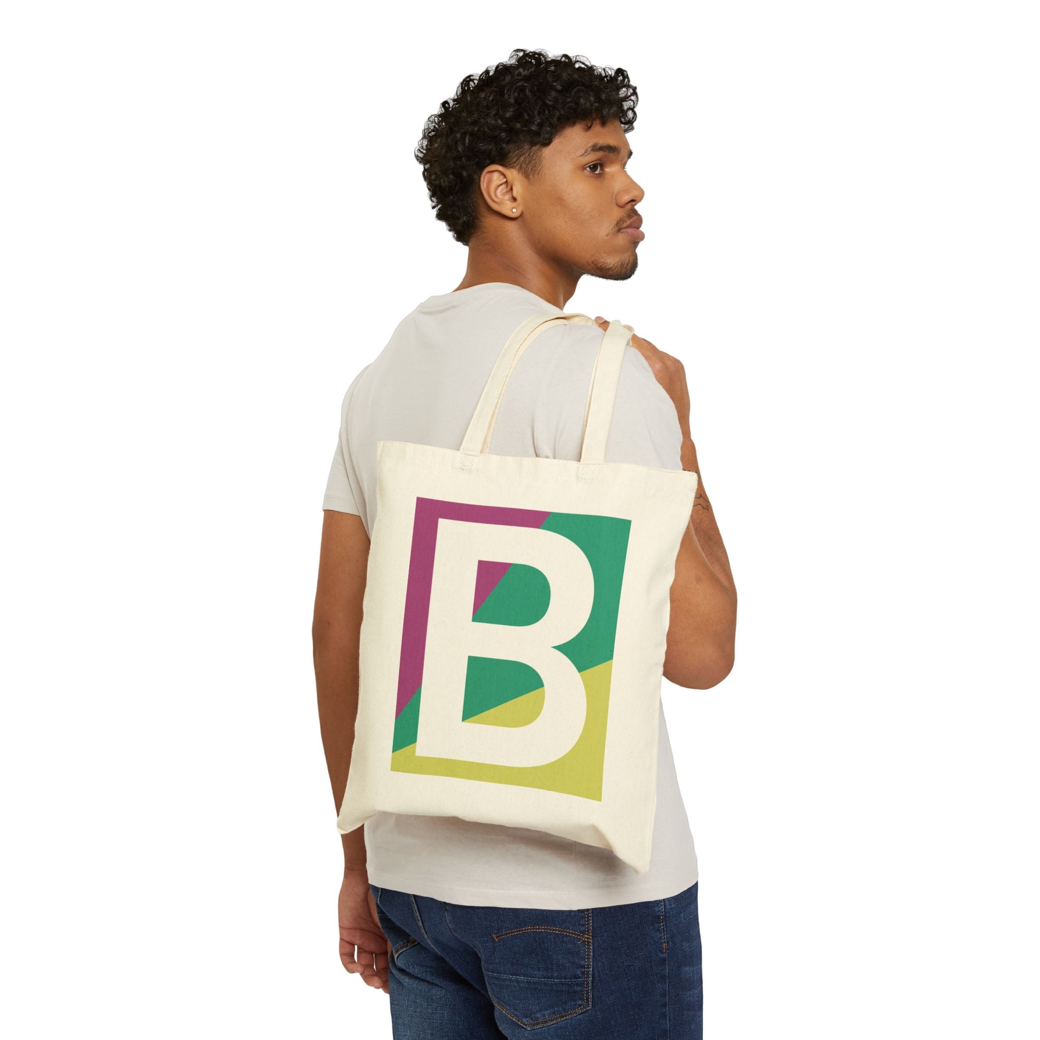Initial B Colorblock Canvas Tote Bag — Monogram Letter B Reusable Grocery Tote