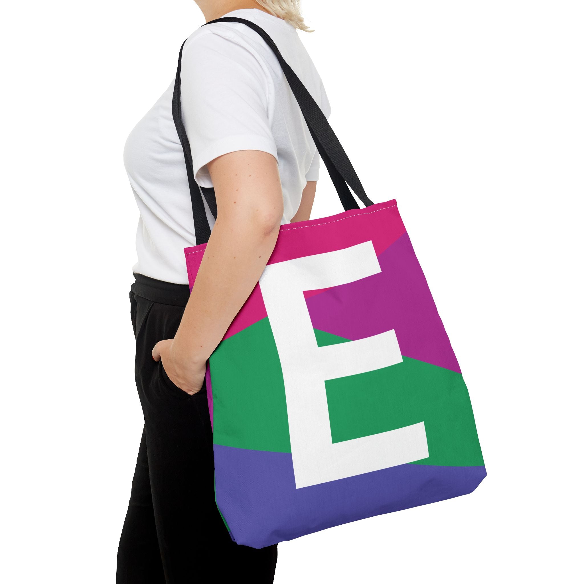 Monogram 'E' Colorblock Tote Bag — Personalized Initial E Shoulder Tote