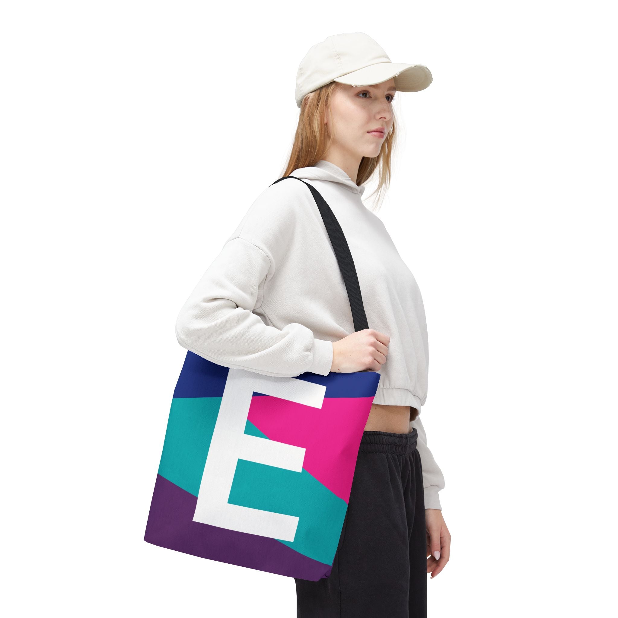 Monogram 'E' Colorblock Tote Bag — Personalized Initial E Shoulder Tote