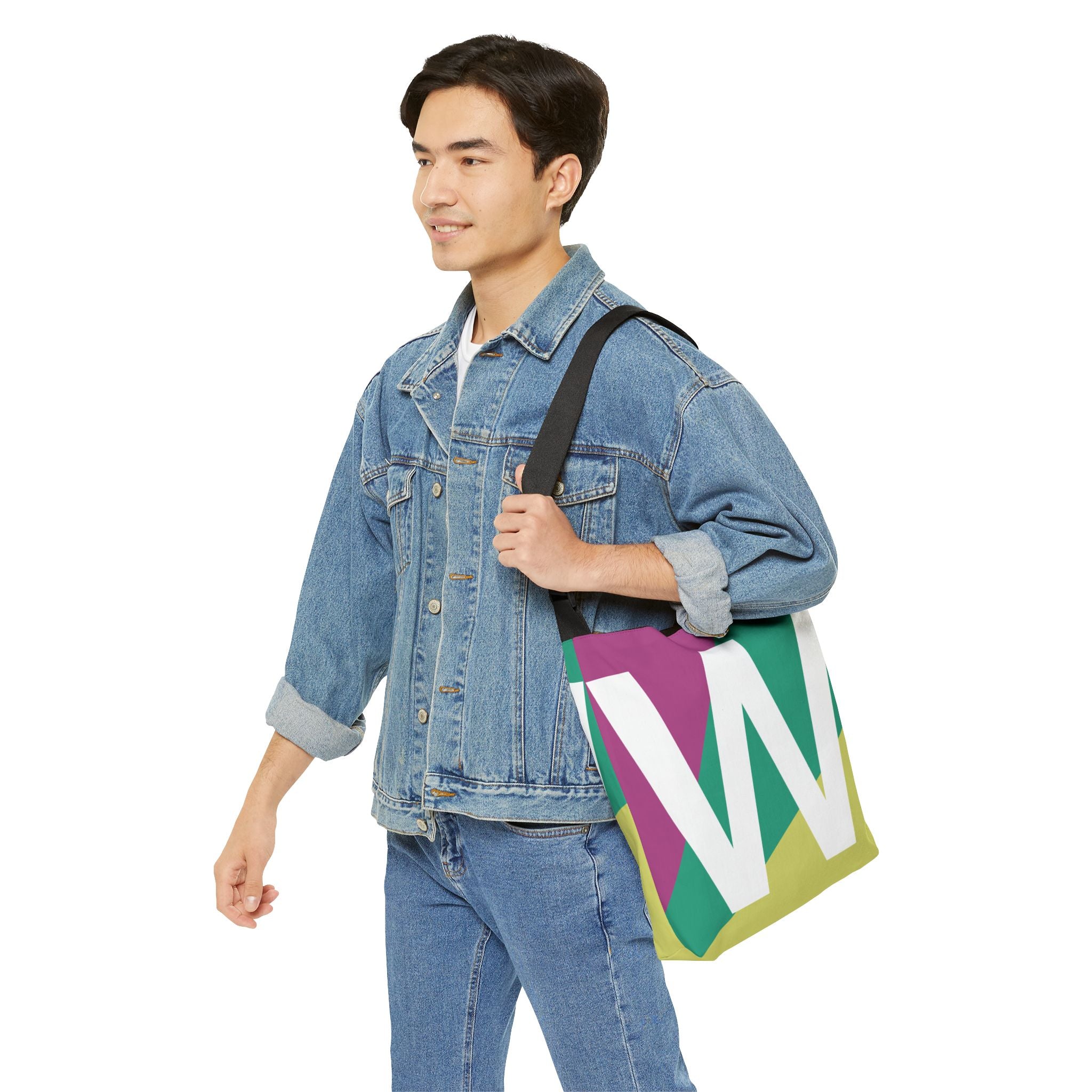 Initial Letter 'W' Colorblock Adjustable Tote Bag — Monogram Alphabet Shoulder Bag