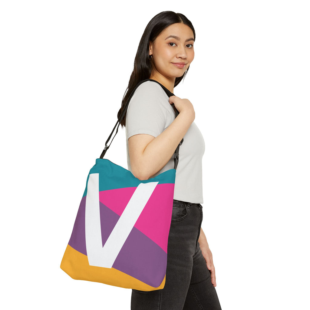 Initial Letter 'V' Colorblock Adjustable Tote Bag — Monogram Alphabet Shoulder Bag
