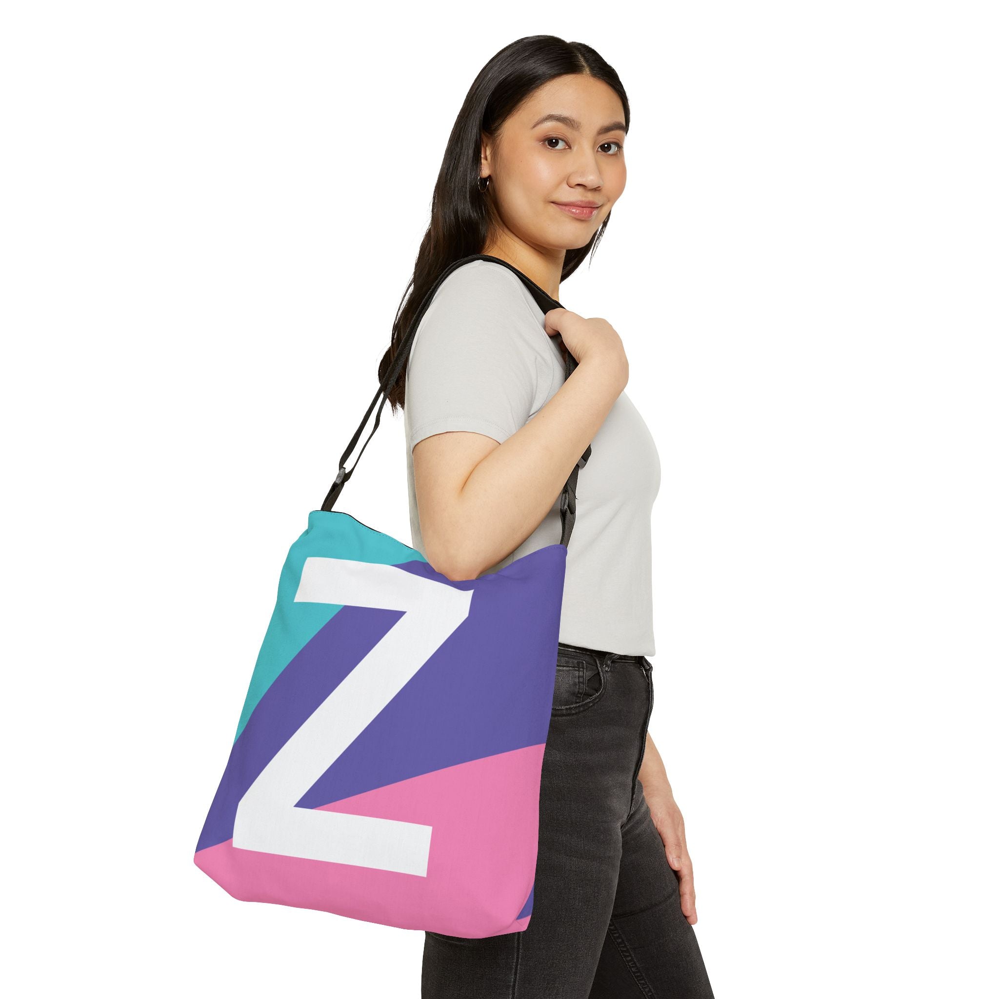 Initial Letter 'Z' Colorblock Adjustable Tote Bag — Monogram Alphabet Shoulder Bag