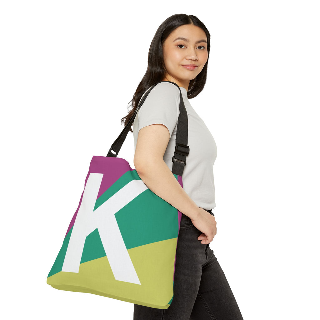 Initial Letter 'K' Colorblock Adjustable Tote Bag — Monogram Alphabet Shoulder Bag
