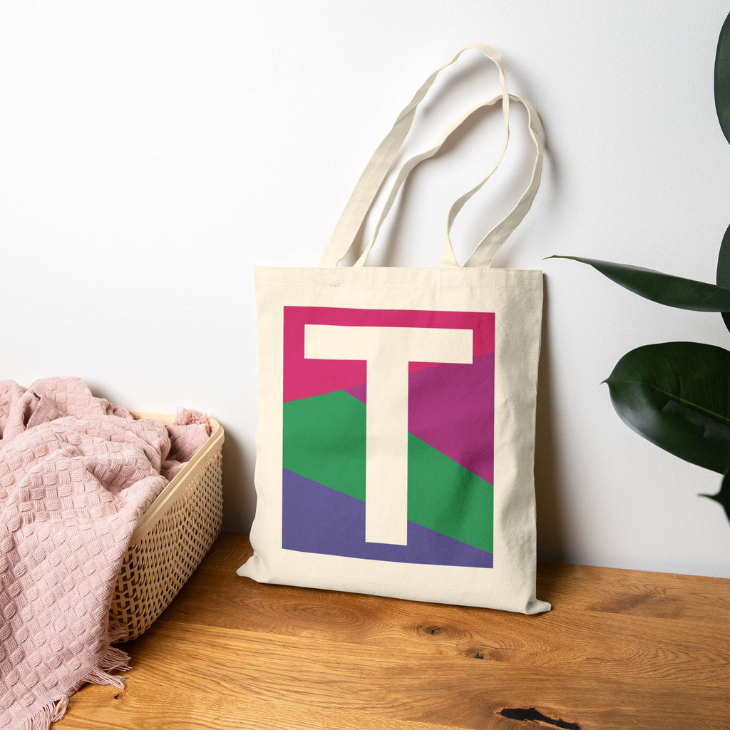 Initial T Colorblock Canvas Tote Bag — Monogram Letter T Reusable Grocery Tote