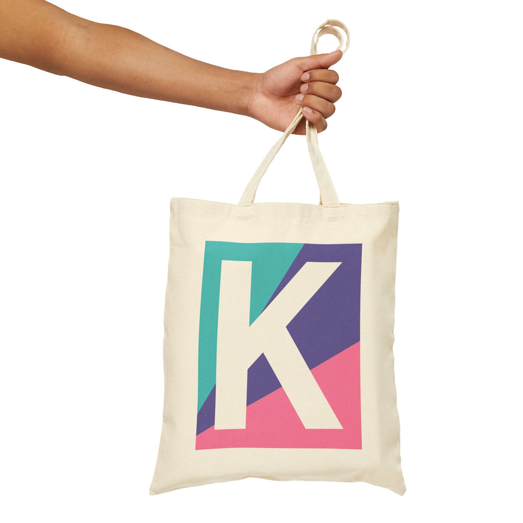 Initial K Colorblock Canvas Tote Bag — Monogram Letter K Reusable Grocery Tote