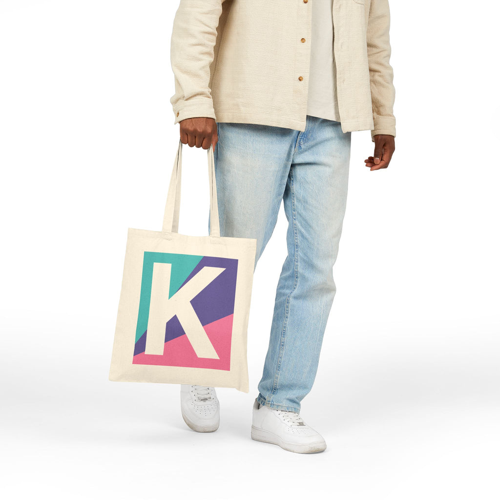 Initial K Colorblock Canvas Tote Bag — Monogram Letter K Reusable Grocery Tote
