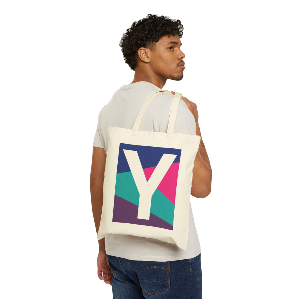 Initial Y Colorblock Canvas Tote Bag — Monogram Letter Y Reusable Grocery Tote