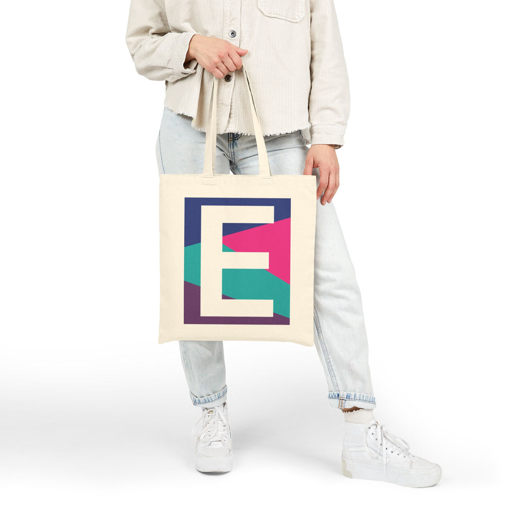 Initial E Colorblock Canvas Tote Bag — Monogram Letter E Reusable Grocery Tote