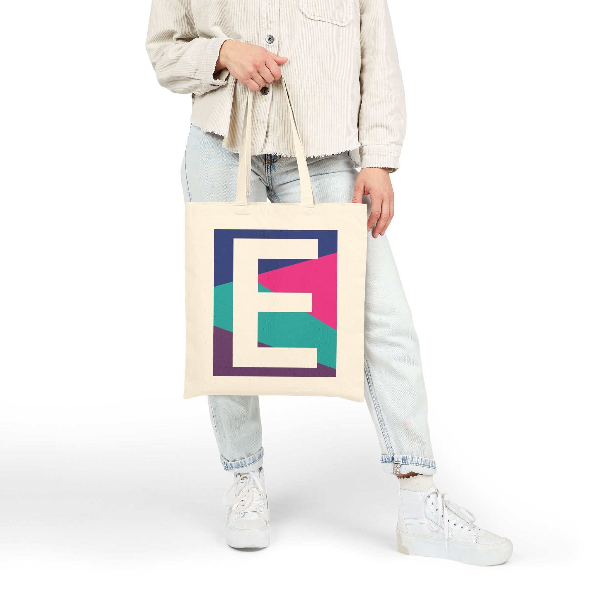 Initial E Colorblock Canvas Tote Bag — Monogram Letter E Reusable Grocery Tote