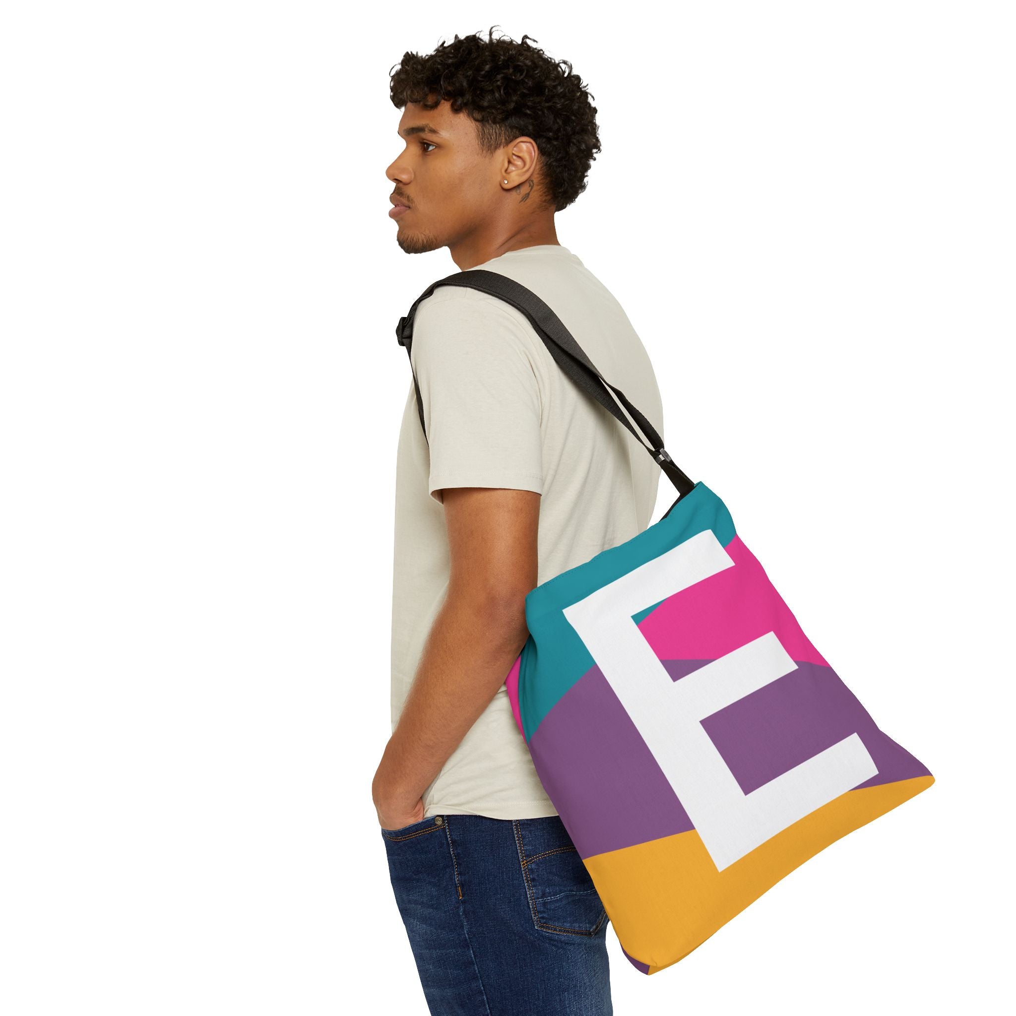 Initial Letter 'E' Colorblock Adjustable Tote Bag — Monogram Alphabet Shoulder Bag