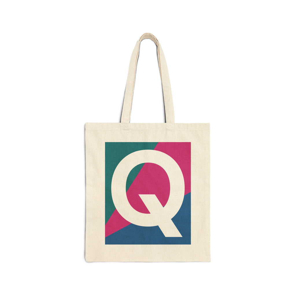 Initial Q Colorblock Canvas Tote Bag — Monogram Letter Q Reusable Grocery Tote