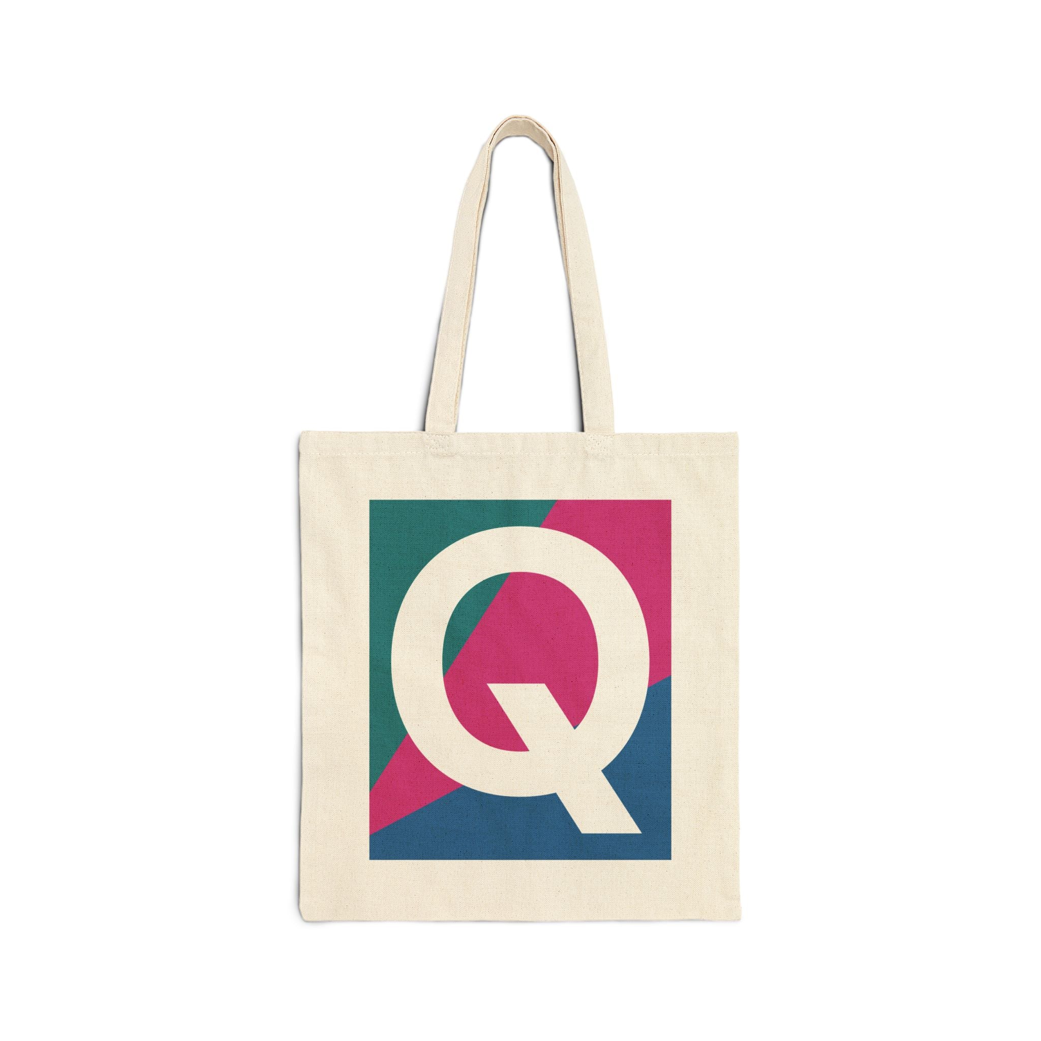 Initial Q Colorblock Canvas Tote Bag — Monogram Letter Q Reusable Grocery Tote