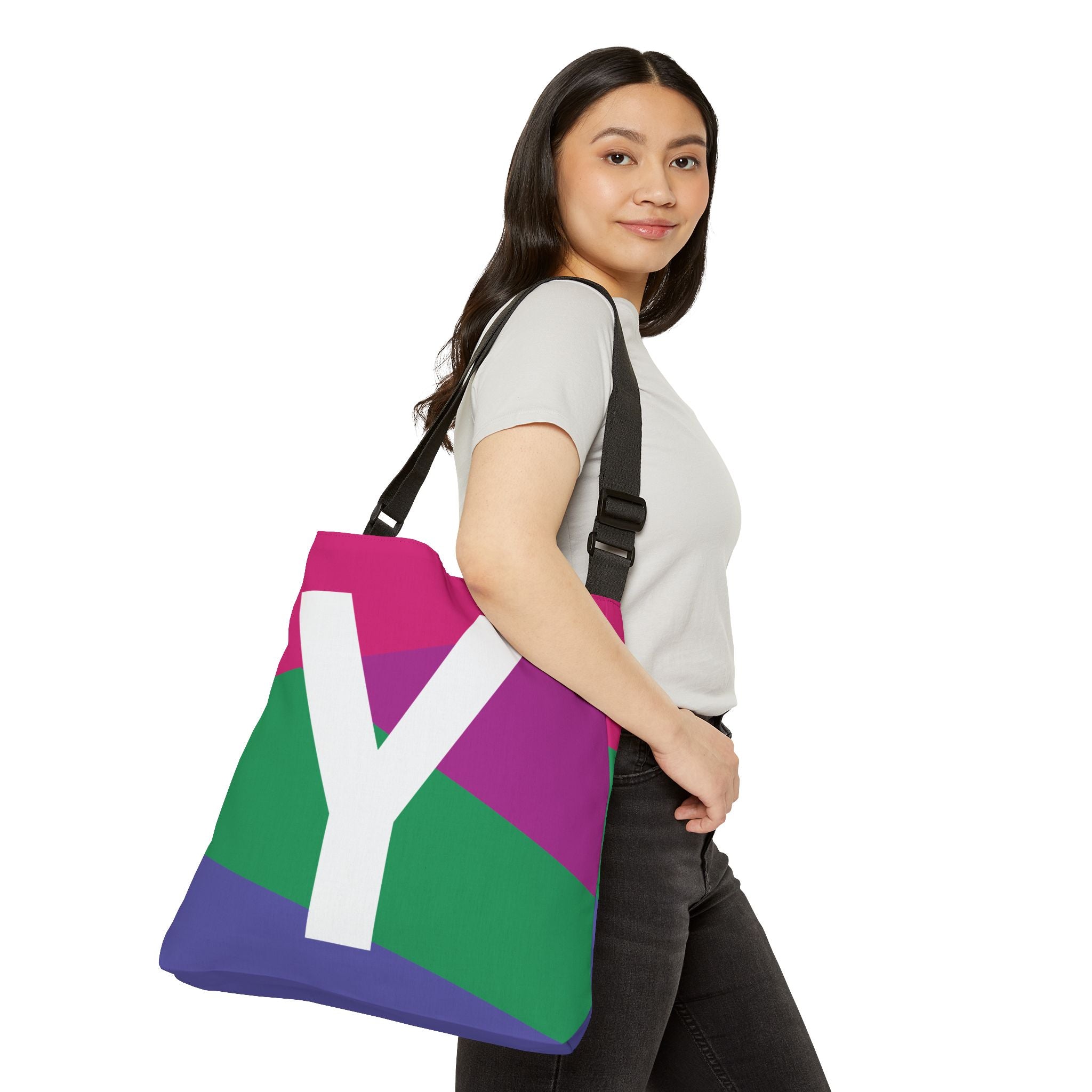 Initial Letter 'Y' Colorblock Adjustable Tote Bag — Monogram Alphabet Shoulder Bag