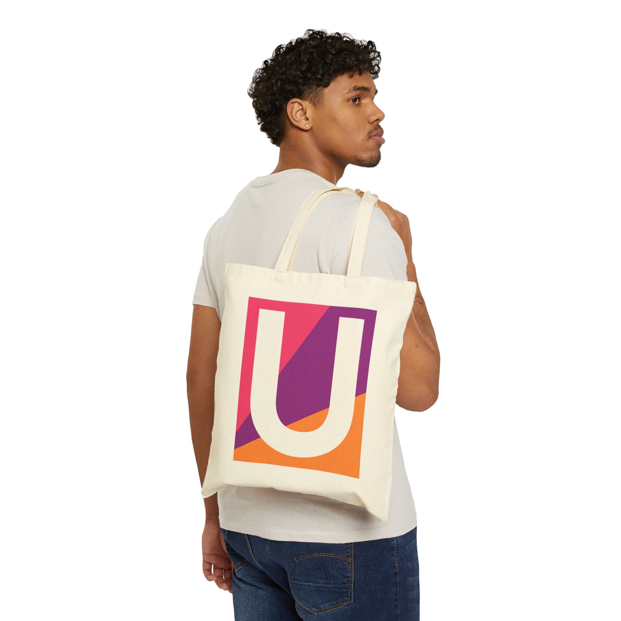 Initial U Colorblock Canvas Tote Bag — Monogram Letter U Reusable Grocery Tote