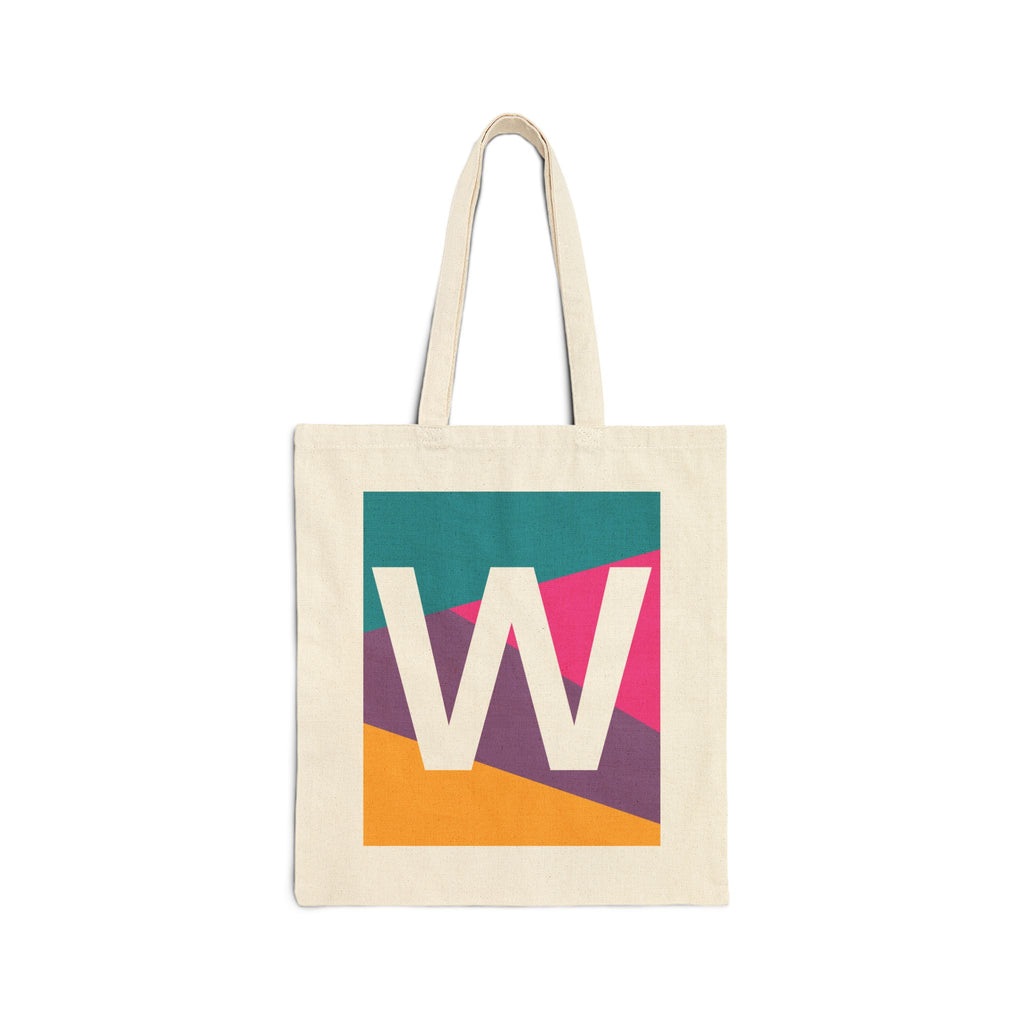 Initial W Colorblock Canvas Tote Bag — Monogram Letter W Reusable Grocery Tote