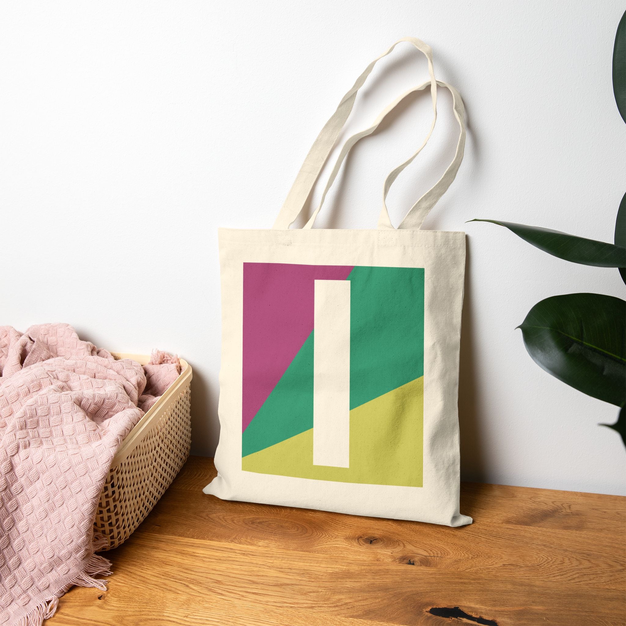 Initial I Colorblock Canvas Tote Bag — Monogram Letter I Reusable Grocery Tote