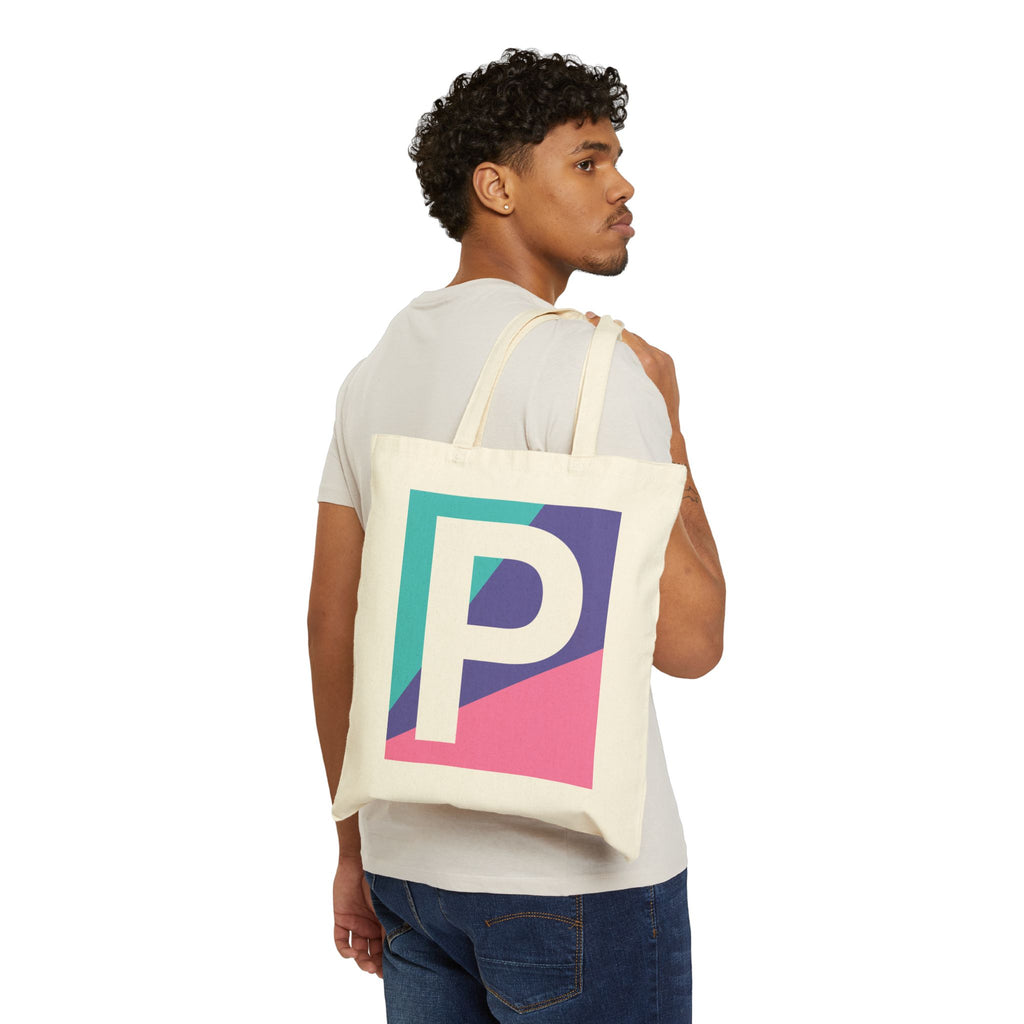Initial P Colorblock Canvas Tote Bag — Monogram Letter P Reusable Grocery Tote