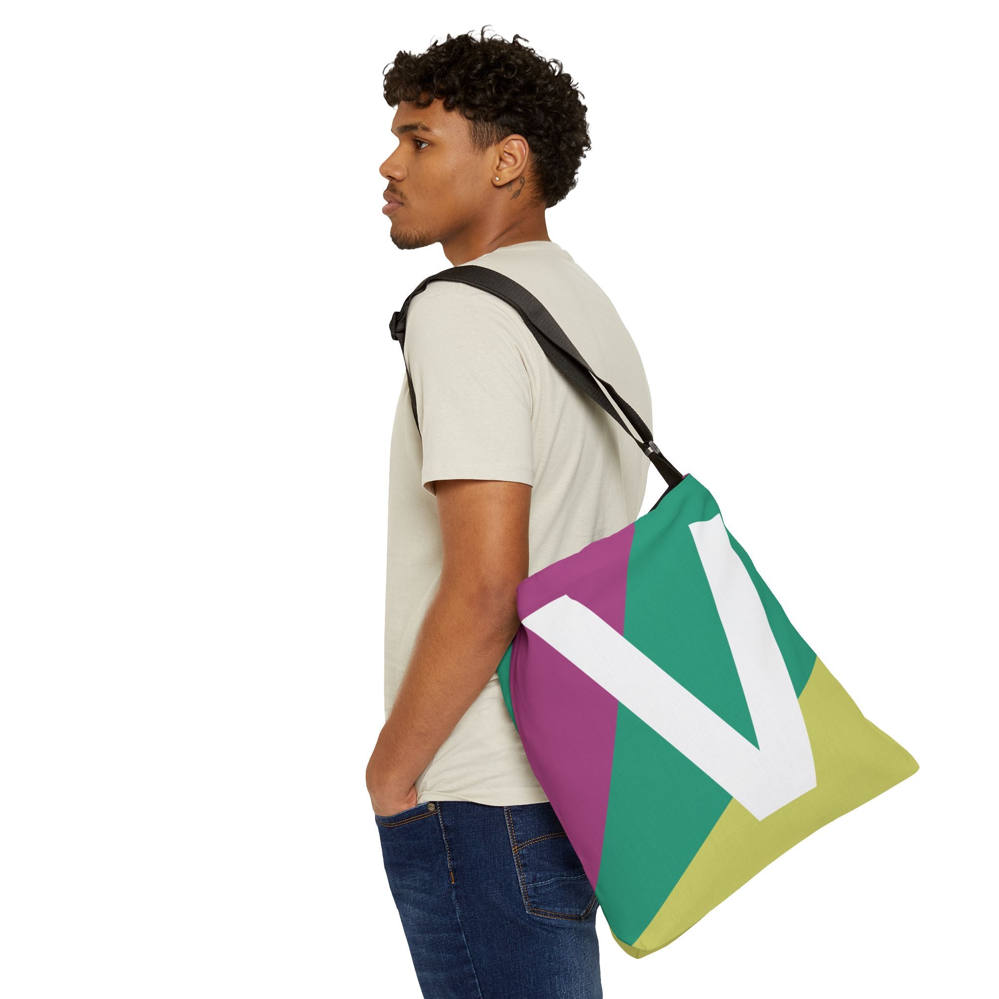 Initial Letter 'V' Colorblock Adjustable Tote Bag — Monogram Alphabet Shoulder Bag