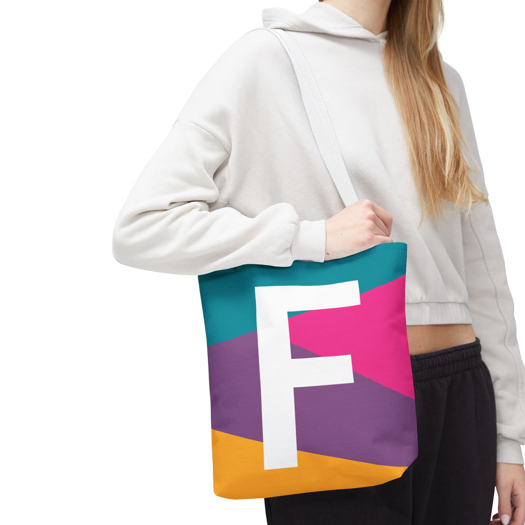 Monogram 'F' Colorblock Tote Bag — Personalized Initial F Shoulder Tote