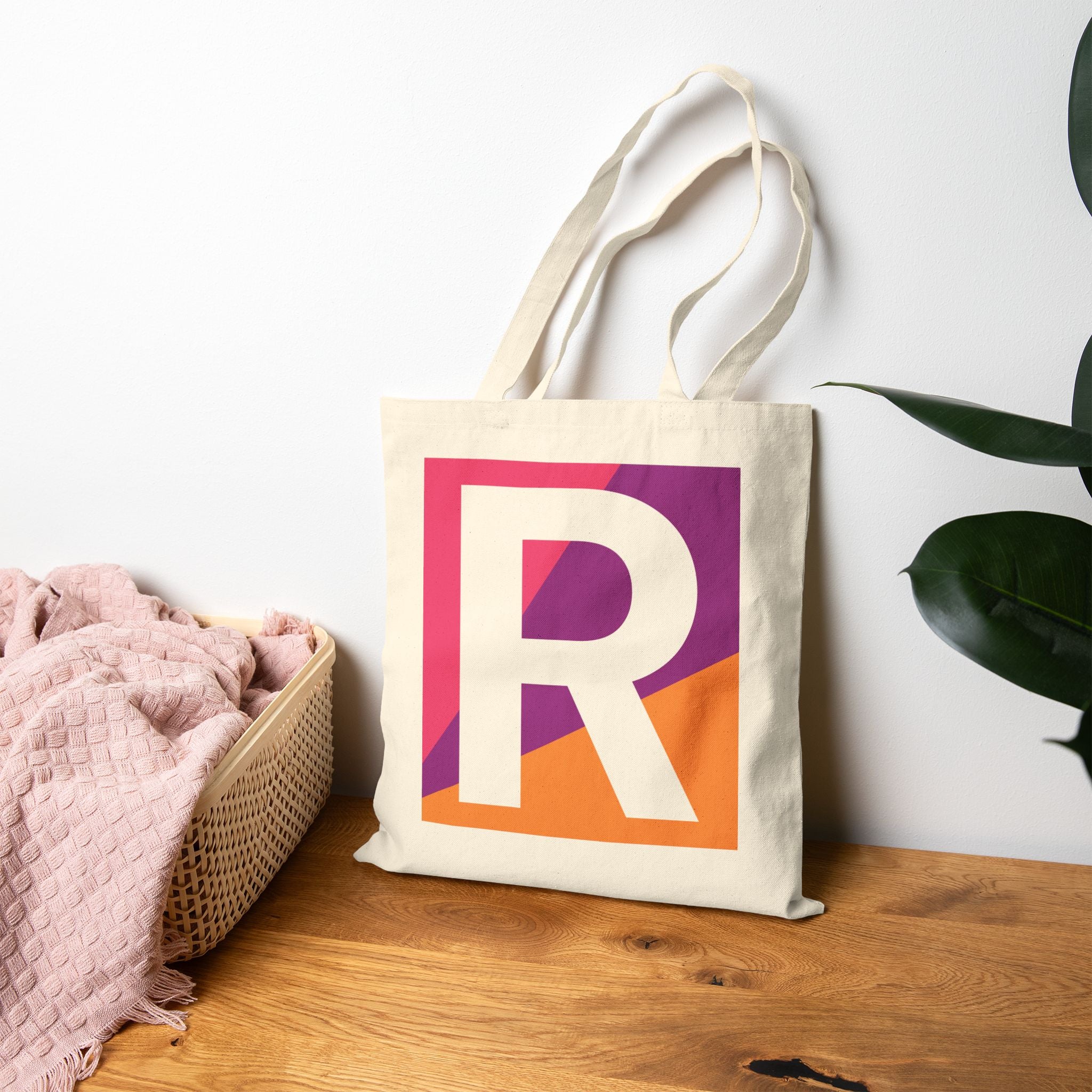 Initial R Colorblock Canvas Tote Bag — Monogram Letter R Reusable Grocery Tote