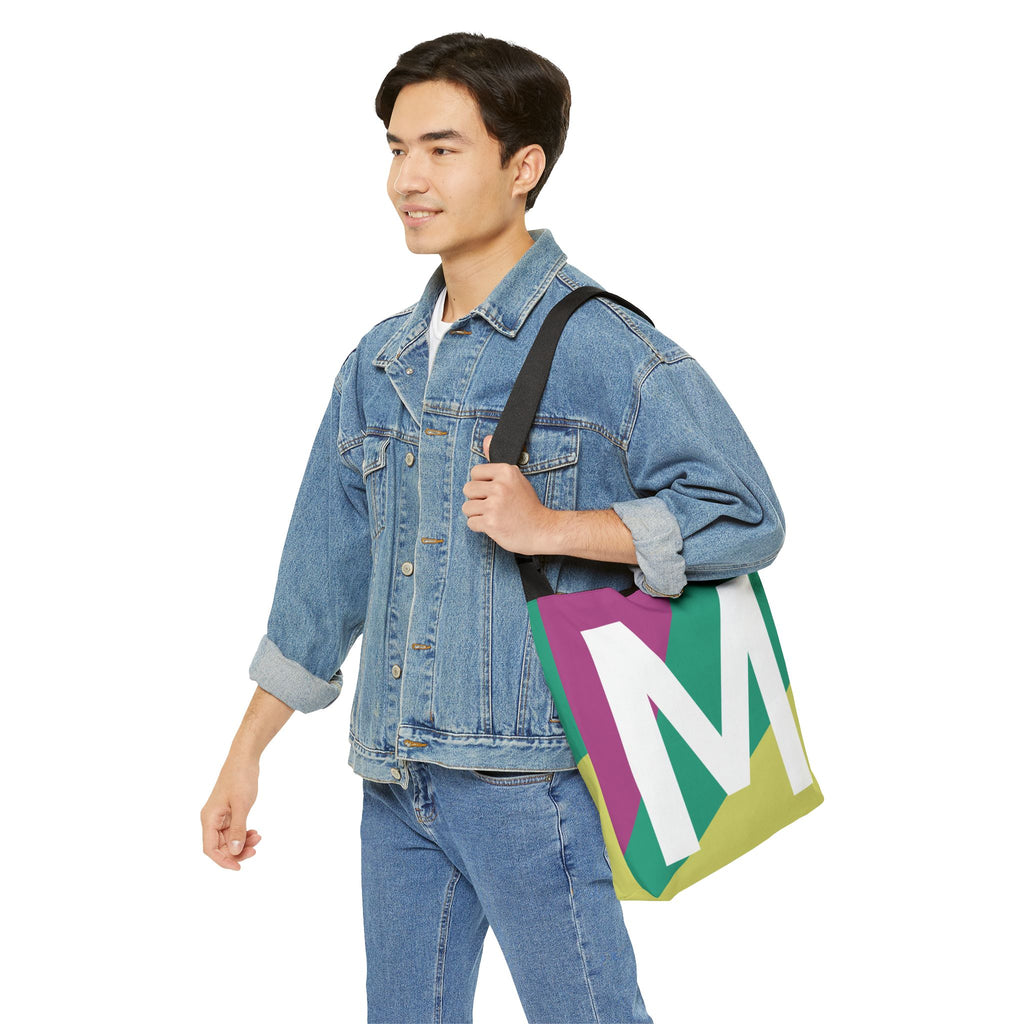 Initial Letter 'M' Colorblock Adjustable Tote Bag — Monogram Alphabet Shoulder Bag