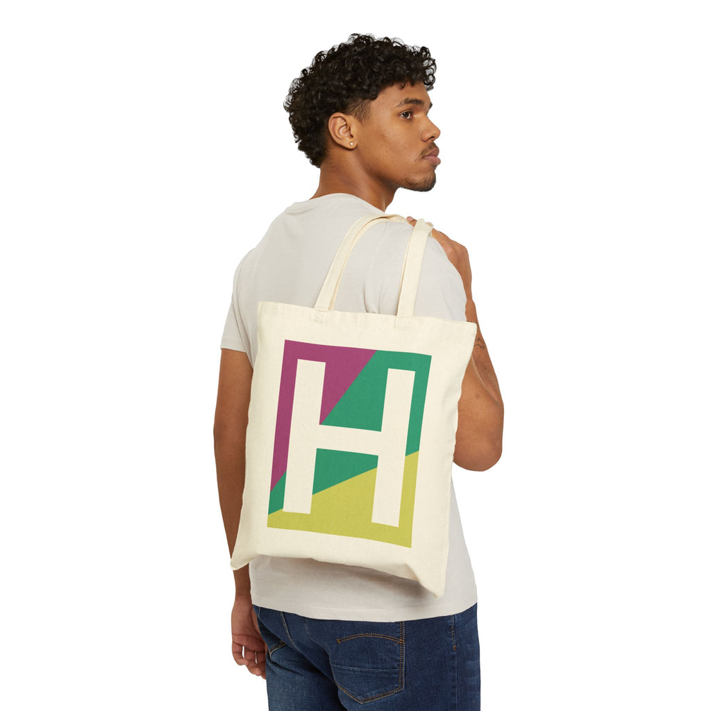 Initial H Colorblock Canvas Tote Bag — Monogram Letter H Reusable Grocery Tote