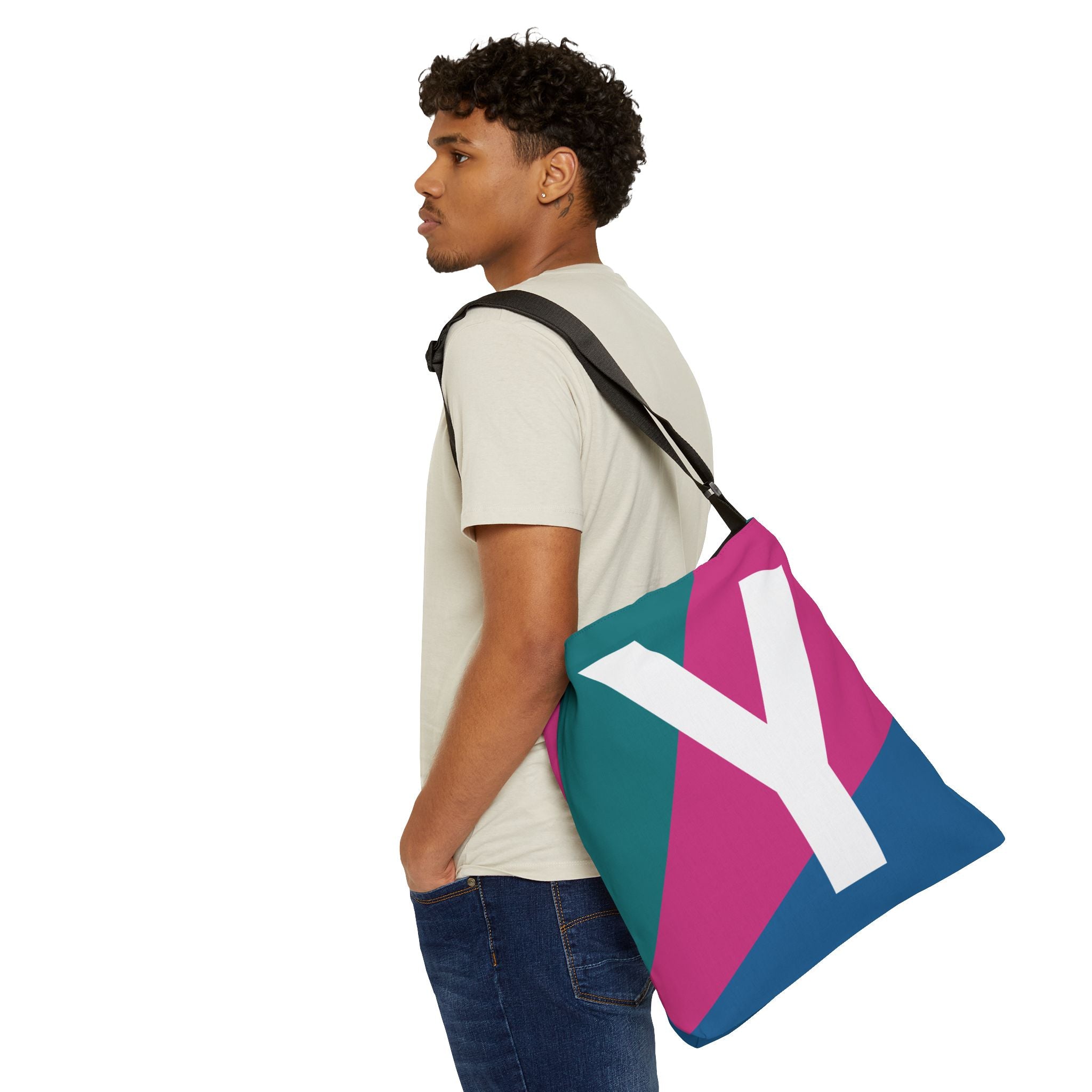 Initial Letter 'Y' Colorblock Adjustable Tote Bag — Monogram Alphabet Shoulder Bag