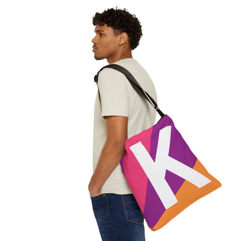 Initial Letter 'K' Colorblock Adjustable Tote Bag — Monogram Alphabet Shoulder Bag