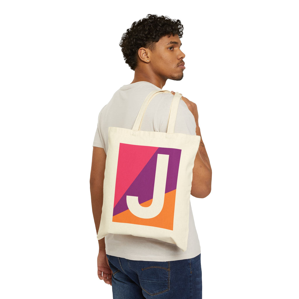 Initial J Colorblock Canvas Tote Bag — Monogram Letter J Reusable Grocery Tote
