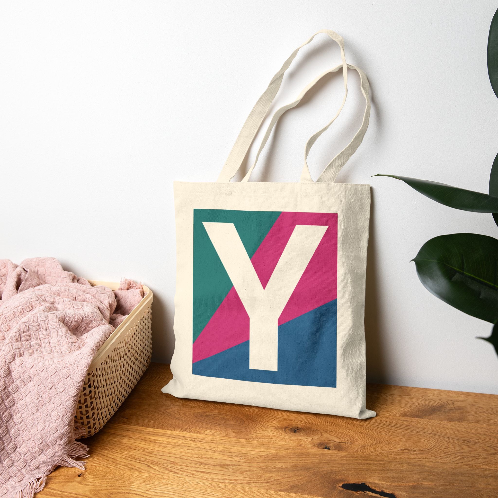 Initial Y Colorblock Canvas Tote Bag — Monogram Letter Y Reusable Grocery Tote