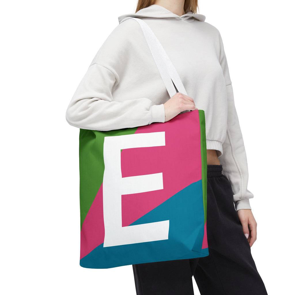 Monogram 'E' Colorblock Tote Bag — Personalized Initial E Shoulder Tote