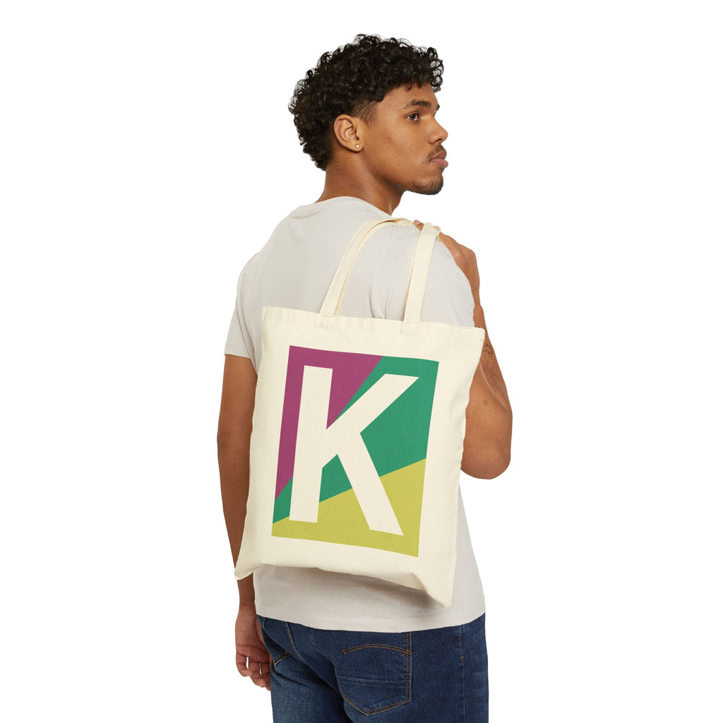 Initial K Colorblock Canvas Tote Bag — Monogram Letter K Reusable Grocery Tote