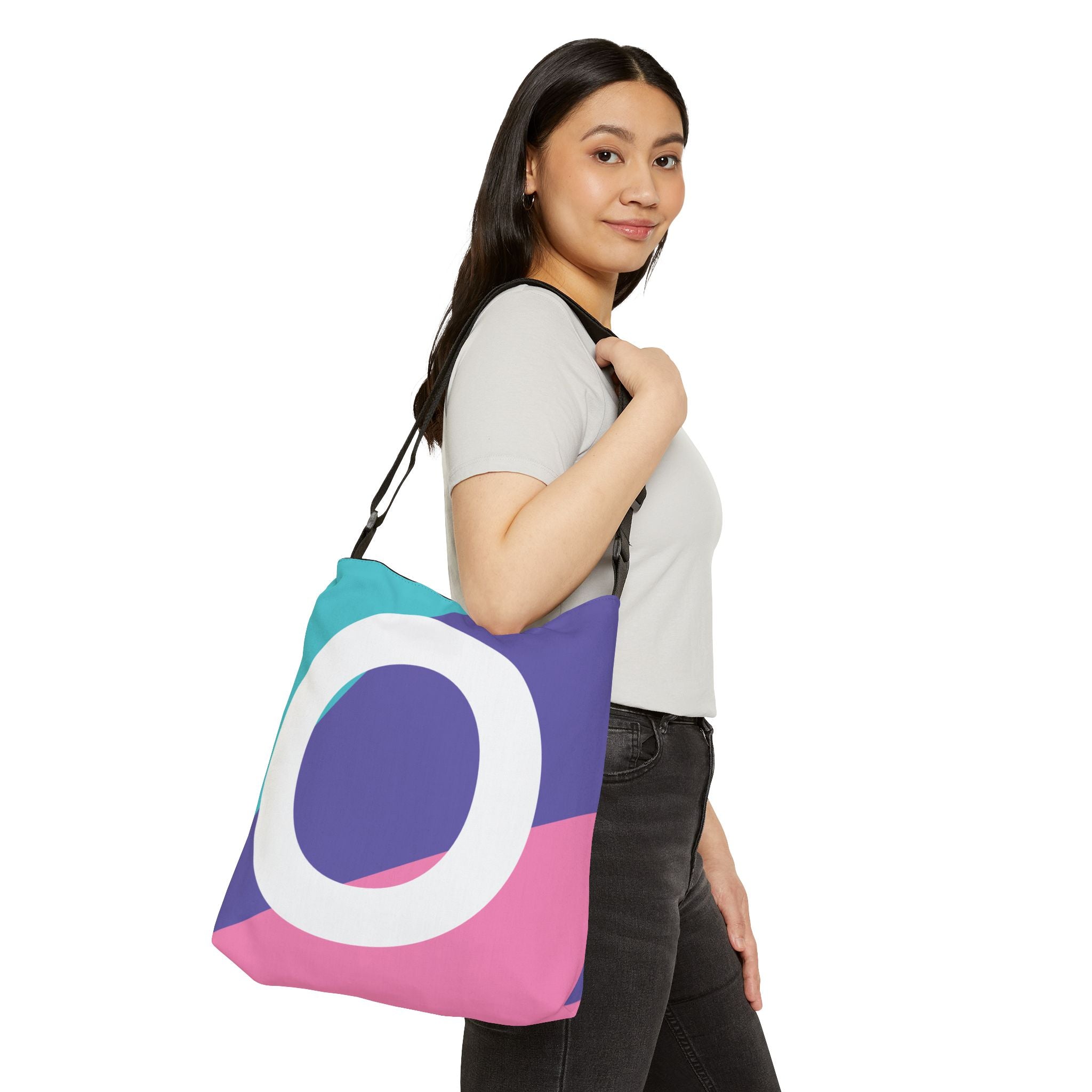 Initial Letter 'O' Colorblock Adjustable Tote Bag — Monogram Alphabet Shoulder Bag