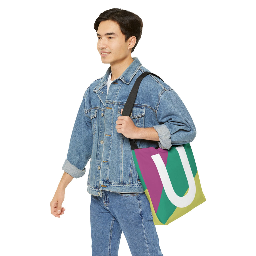 Initial Letter 'U' Colorblock Adjustable Tote Bag — Monogram Alphabet Shoulder Bag